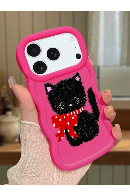 iPhone 17 Pro Max Compatible Case with Camera Protector Red Silicone Couple Phone Case Cat Pattern