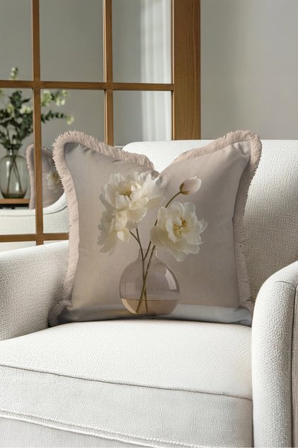 Floral Vase Motif Fringed Pillowcase - Naturalist Floral Ecru Mink Tassel Throw Pillow Cover