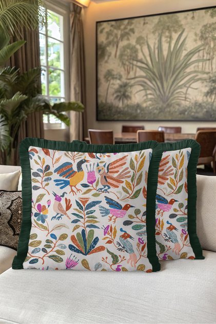 Exotic Bird Pattern Botanical Chic Fringe Pillowcase - Artistic Natural Gray Tassel Throw Pillow Cover