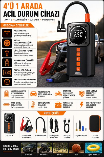 Akü Takviye Cihazı 12V Araç Marş Basma Cihazı 150 PSI Dijital Hava Kompresörü Powerbank LED Fener Taşınabilir Acil Durum Set