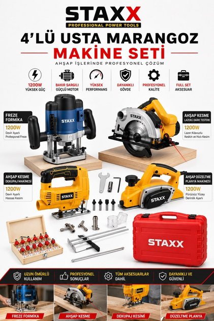 4'lü Usta Marangoz Makine Seti Freze Formika + Daire Testere + Dekupaj Testere + Planya Makinesi