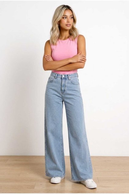 Bol Paça Denim Flexible High Waist Lycra Women's Palazz0 Wide Leg Jeans - Blue Snow