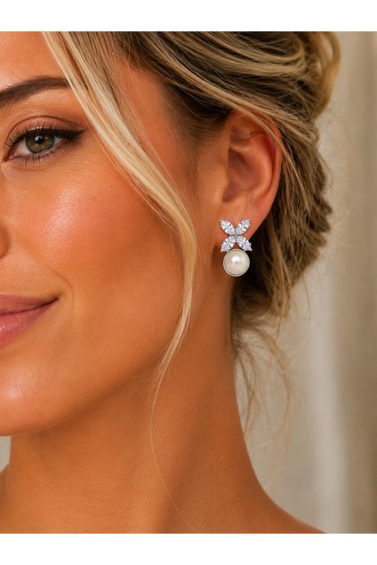 Pearl Detailed Zircon Stone Flower Figured Women's Earrings