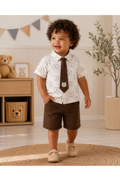 Baby Boy Shirt and Elastic Waist Shorts Set - Short Sleeve Summer Set with Tie and Teddy Bear Pattern, 2-Piece