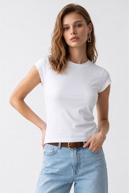 2192 Women's Crew Neck Cap Sleeve Basic Blouse White