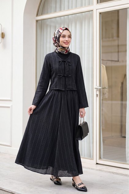 Lace-Up Front Skirt Lined Wrinkled Kimono Set - Black