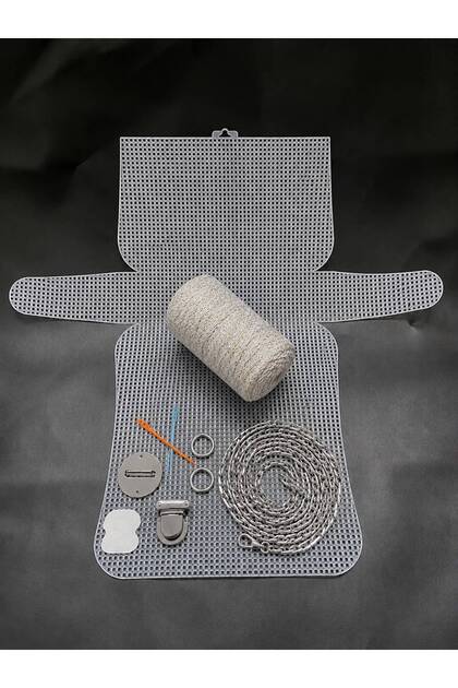 ORTA BOY Plastik Kanvas Polyester SİMLİ Makrome İpli Çanta Yapım Kiti Gümüş Renk Aksesuarlı Tam Set