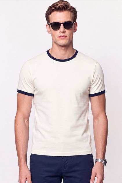 Slim Fit Crew Neck Ecru - Navy Blue T-Shirt Ts 932