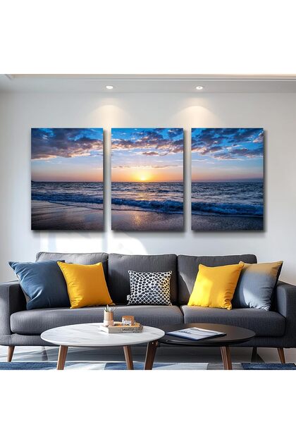 Ocean Sunset Beach 3 Piece Gallery Wrapped Canvas Wall Art | 3x 30x40cm 12x16 inch | Panoramic Sea Waves Triptych