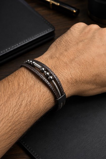 Accessories Faux Leather Steel Wire and Metal Ball Detailed Brown Men's Bracelet