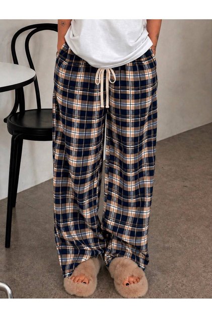Plaid Patterned Lace-Up Relaxed Fit Wide-Leg Sweatpants / Pajama Bottoms