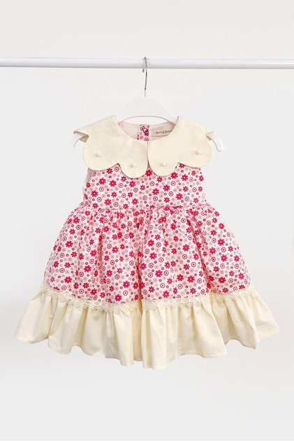 Floral Patterned Red and White Pearl Detailed Daisy Collar Buckle Gift Baby Girl Dress