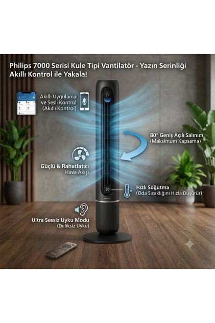 7000 Serisi Kule Tipi Vantilatör 12 Kademeli Ultra Sessiz Uzaktan Kumandalı Fan Güçlü Hava Akışı ve Zaman Ayarlı
