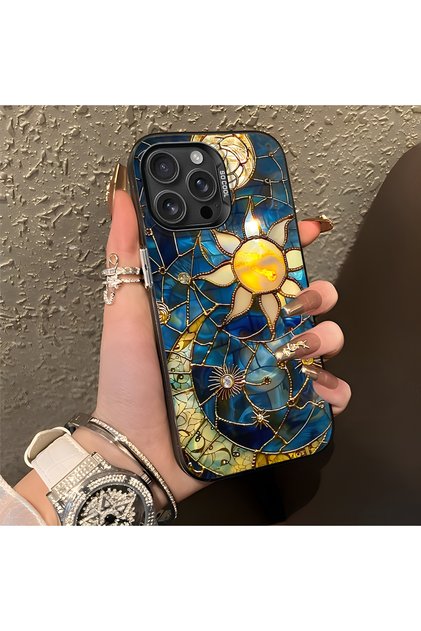 iPhone 16 Pro Max Uyumlu Güneş ve ay desenli lens korumalı telefon kılıfı