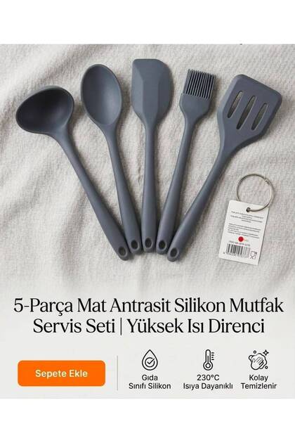 Small Size 21cm Ultra Hard Tip Heat Resistant Silicone Serving Set Serving Spoon, Spatula, Colander, Brush Spoon Set 5 Pieces Small Size 21cm