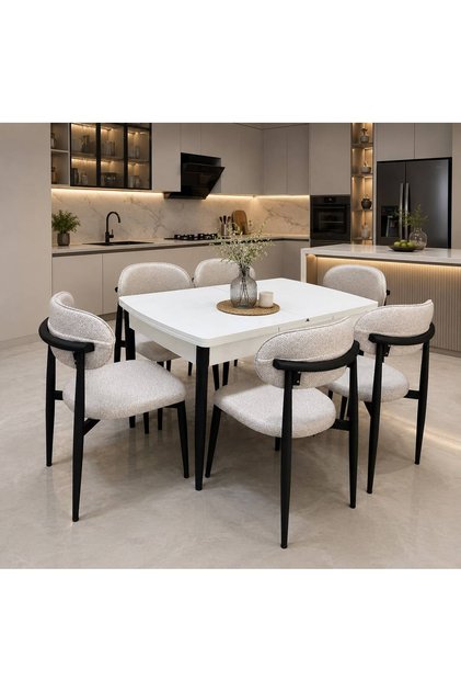 Polo Serisi 80x130 Açılabilir Masa Krem Renk Silinebilir 6 Adet Sandalye Masa Takımı Metal İskelet