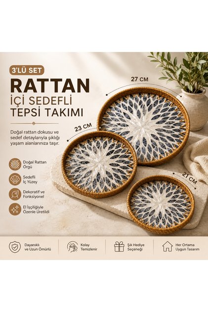 3'lü Rattan İçi Sedefli Dekoratif Tepsi Takımı 27-23-21 cm | Doğal Rattan Servis ve Sunum Tepsisi