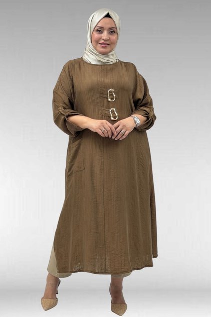 68043 Large Size Double Tensel Tunic with Buckle Detail - Tan