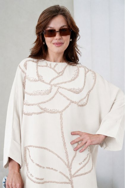 Women's Embroidered Linen Bat Sleeve Wide Fit Long Dress