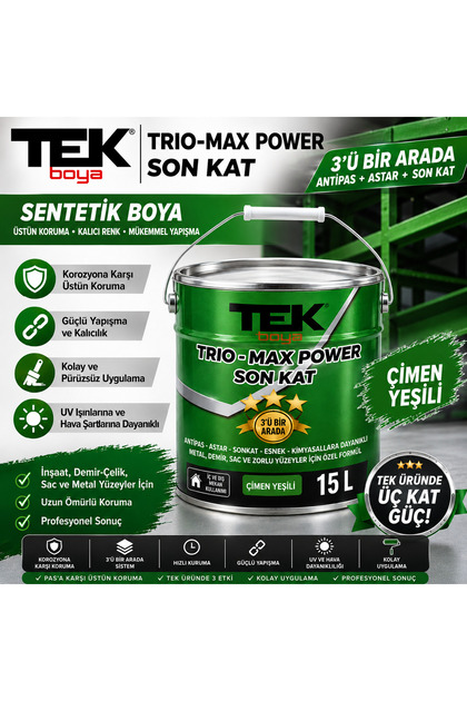 Trio-Max Power 3'ü Bir Arada Sentetik Çatı Sacı Boyası ÇİMEN YEŞİLİ (Antipas-Astar-Son Kat) 15 Litre