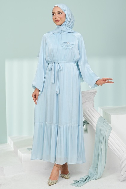 Baby Blue Floral Bronched Chiffon Dress