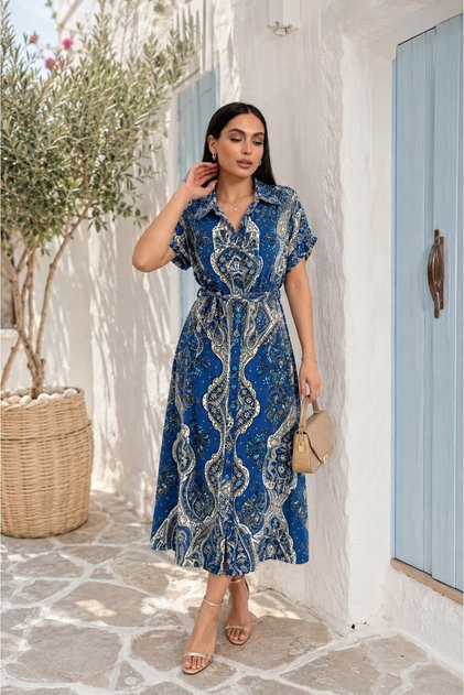 Women's Dress Long Patterned Buttoned Short Sleeve Belted Shirt Collar Summer Viscose Dress
