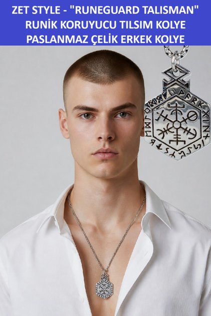 Zet Style – Runeguard Talisman - "Runic Protective Talisman"- Mystic Men's Necklace 316L Stainless Steel Runic Letter Engraved - 70 cm Chain