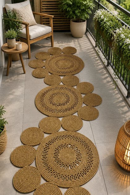 Jüt Hasır Sarmal Kilim Yuvarlak Örgü Halı Yolluk Dekoratif Doğal Görünümlü Bohem Ev Kilimi Salon Balkon Oturma Yatak Mutfak Çocuk Odası