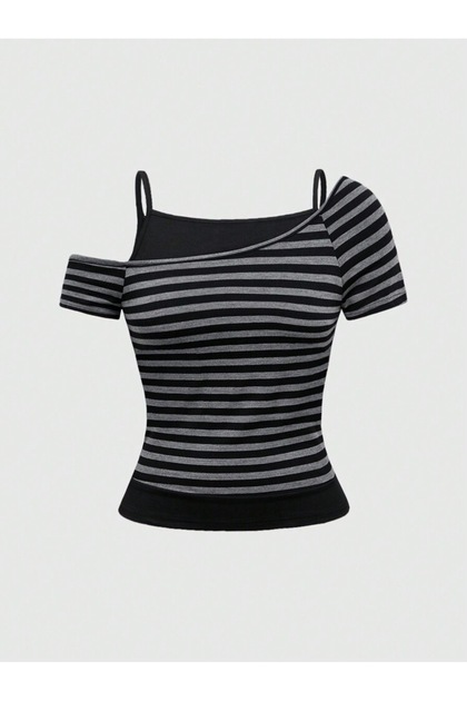 Italian Style Gray Black Striped Short Sleeve Blouse with Additional Straps