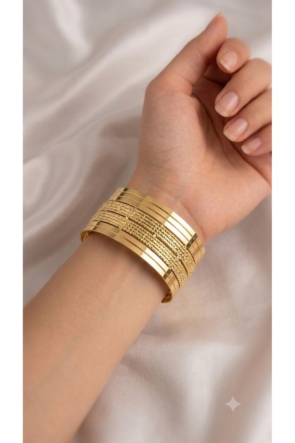 Gold Wide Clamp Bracelet Multi-Row Textured Modern Women's Bracelet