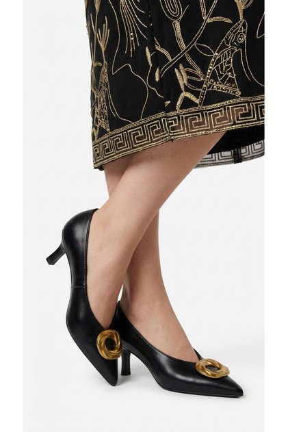 Favyen Women's Pointed Toe Thin Heel Gold Buckle Detailed Textured Mini Heeled Office Daily Casual Shoes