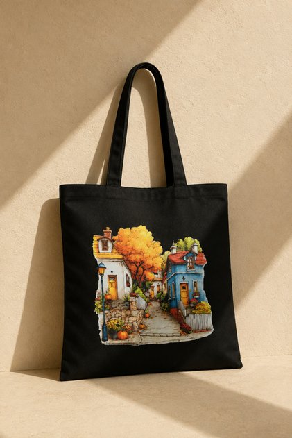 Sonbahar Sokağı Baskılı Siyah Gabardin Bez Çanta 35x40 cm %100 Pamuk Uzun Saplı Omuz Çantası