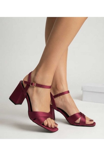 BORDO SATEN ÇAPRAZ BANT 7,5 CM KALIN TOPUKLU ABİYE AYAKKABI