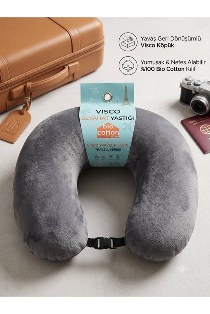 Orthopedic Visco Travel Pillow - Airplane, Car, Bus Neck Pillow - Travel Pillow with Front Clip, Gray