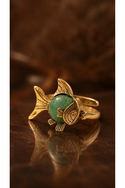 Natural Stone Copper Adjustable Fish Ring - Aventurine Stone Ring Vintage Women's Ring Authentic Ring
