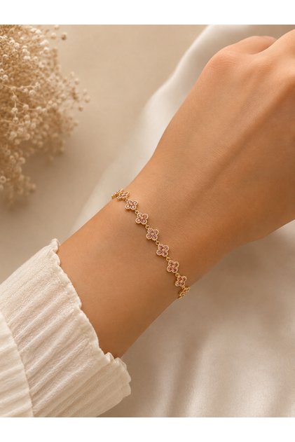 Pembe Taşlı, Gold Detaylı Çelik Yonca Bileklik