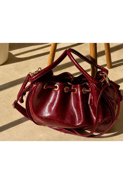 Patent Leather Drawstring Shoulder and Hand Bag – Adjustable Strap Bag with Gold Ring Detail