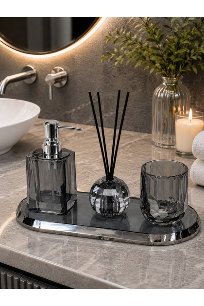 3-Piece Glass Bathroom Set – Crystal Cut Liquid Soap Dispenser, Air Freshener and Toothbrush Holder Tray Set