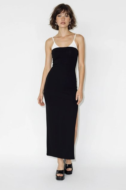 Women's Contrast Detailed Rope Strap Slit Long Black Dress