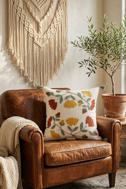 Botanical Clove Motif Embossed Punch Embroidered Tasseled Decorative Throw Pillow Cover 42X42 cm