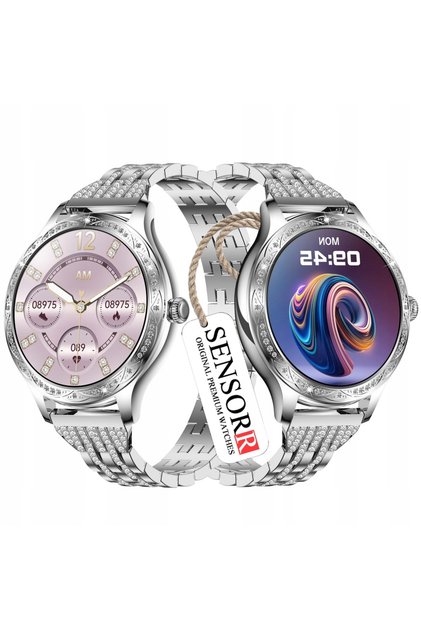 Smartwatch argintiu pentru femei, apeluri, monitorizare tensiune arterială, monitorizare ritm cardiac, contor pași.