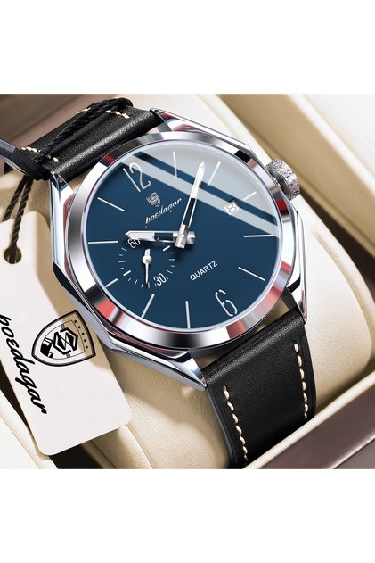 689 Silver Blue POEDAGAR Fashion Casual Man Clock Business Leather Date Quartz Men Watch Waterproof