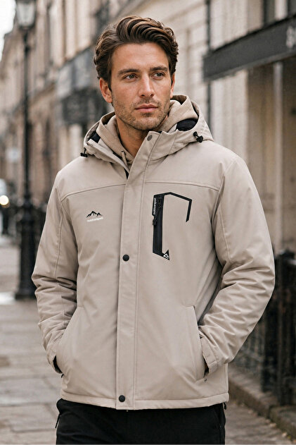 Outdoor Hooded Water and Windproof Stone Color Softshell Coat with Fur Inside and Fiber Filling