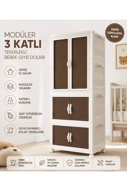 Modüler 3 Katlı Tekerlekli Bebek Giysi Dolabı Bej