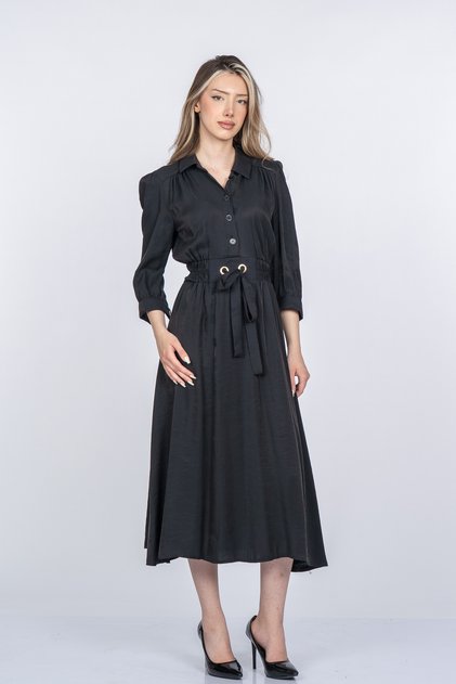 Women's Summer Black Alya Long Sleeve Elegant Modal Fabric Dress 50395