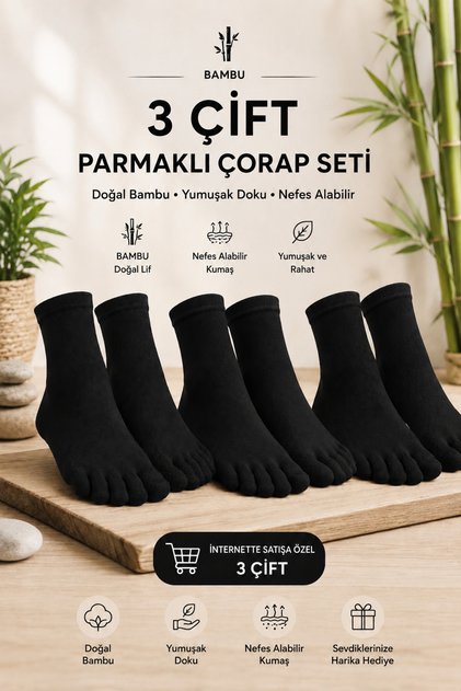 3 Pairs Unisex Bamboo Toe Socks Anti-Fungal Sweat-Absorbing Socks