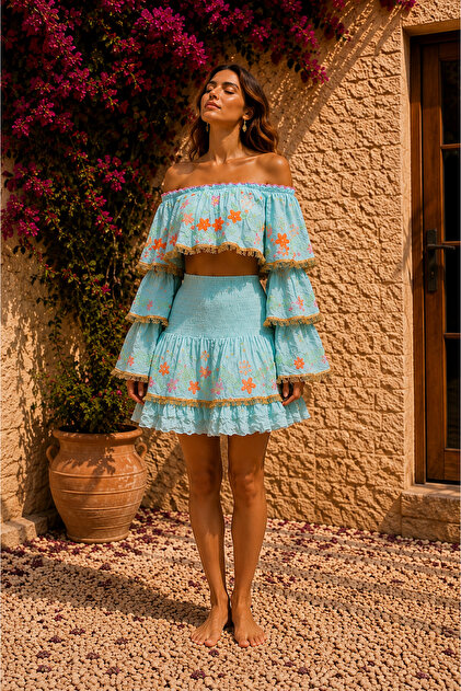 Flora Blue Color Embroidered Short Skirt Blouse Set