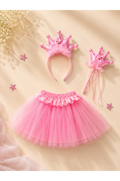 Set costum Prințesă pentru fete, 3 piese – Fustă tutu roz, bentiță coroană și baghetă magică