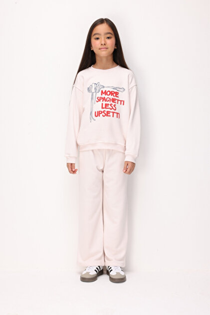 Ecru Patterned Long Sleeve Girls' Tracksuit Set - Aria