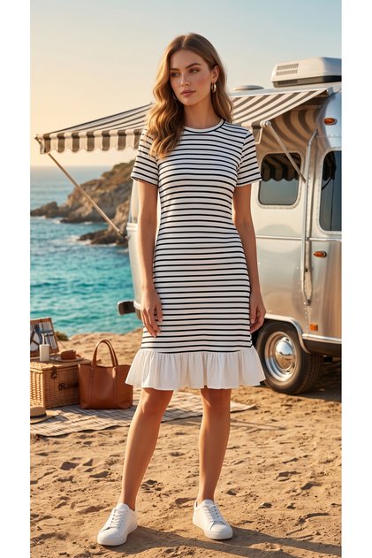 Women's Striped Short Sleeve Crew Neck Dress with Ruffle Hem Relaxed Fit